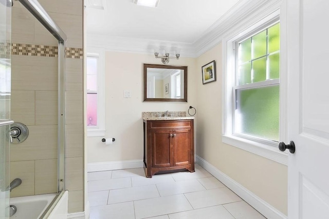 32 Jewett St, Boston, MA 02131 - bathroom featuring enclosed tub / shower combo, vanity, tile patterned flooring, baseboards, and crown molding
