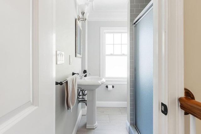 32 Jewett St, Boston, MA 02131 - full bathroom with baseboards, a shower stall, and ornamental molding