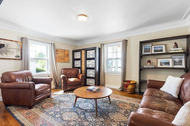 32 Jewett St, Boston, MA 02131 - living room featuring ornamental molding, wood finished floors, and baseboards