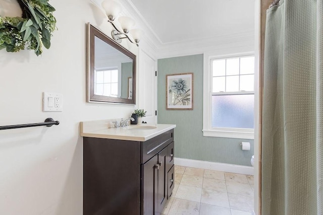 32 Jewett St, Boston, MA 02131 - full bath with ornamental molding, vanity, baseboards, and healthy amount of natural light