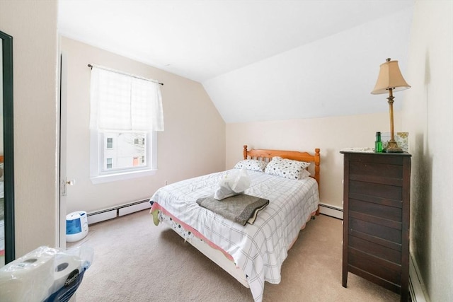 bedroom featuring light colored carpet, vaulted ceiling, and a baseboard heating unit