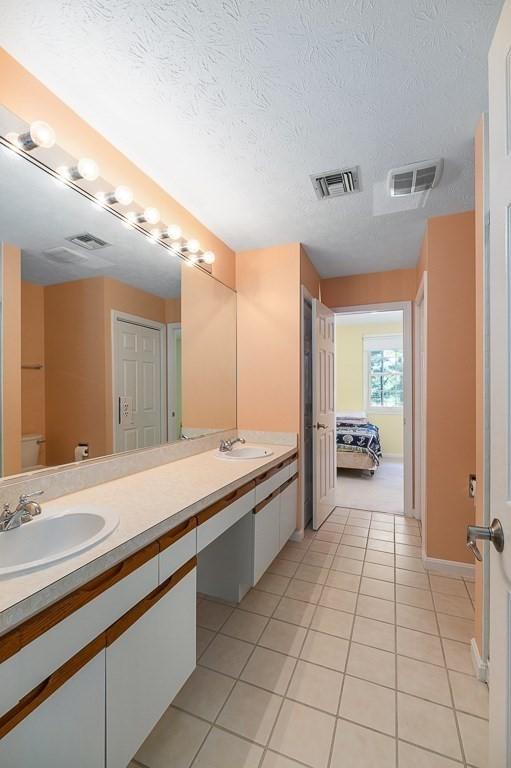 19 Garden St Unit 107, Danvers, MA 01923 - ensuite bathroom featuring tile patterned floors, double vanity, and a textured ceiling