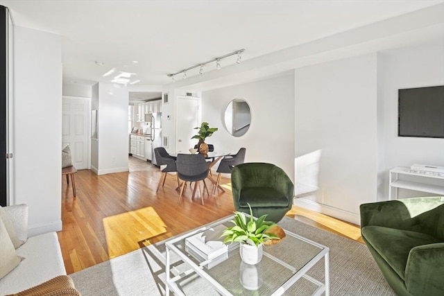 living room with track lighting and light hardwood / wood-style floors