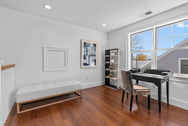 sitting room with baseboards, wood finished floors, visible vents, and recessed lighting