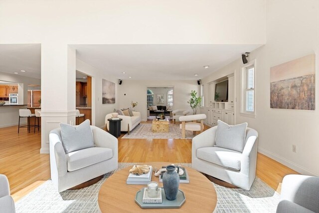 living room with baseboards and light wood-style floors