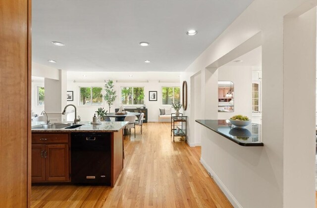 kitchen featuring open floor plan, a sink, light wood finished floors, and dishwasher