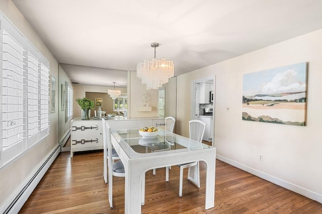 24 Gerald Rd, Marblehead, MA 01945 - dining area featuring baseboard heating, a chandelier, and wood finished floors