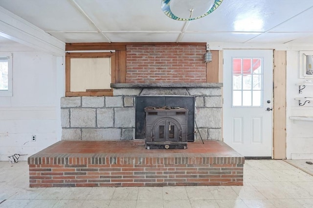 interior space with a wood stove