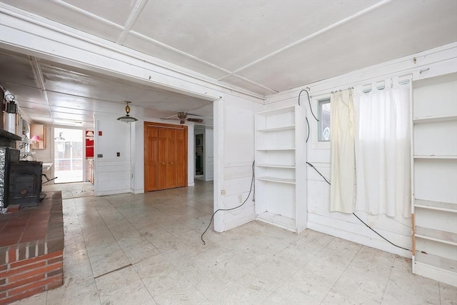 interior space with a wood stove