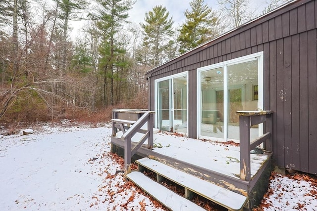 view of snow covered deck