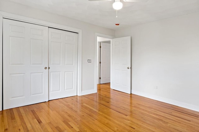 20 Miller St, Rehoboth, MA 02769 - unfurnished bedroom featuring baseboards, light wood-type flooring, a closet, and ceiling fan