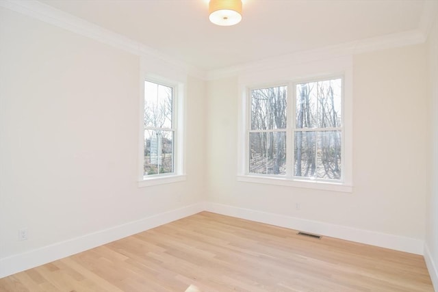 empty room featuring ornamental molding, light hardwood / wood-style flooring, and a wealth of natural light