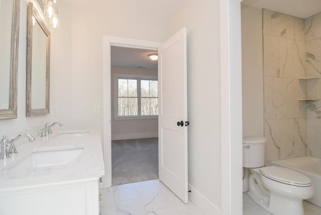 full bathroom featuring shower / bath combination, vanity, and toilet