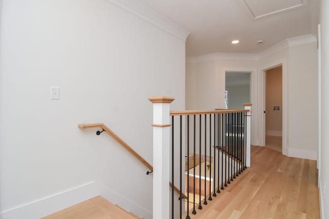 hallway featuring light wood-type flooring and ornamental molding