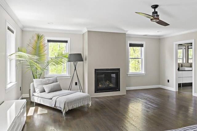 122 Green St, Northborough, MA 01532 - living area with a ceiling fan, wood finished floors, baseboards, a glass covered fireplace, and crown molding