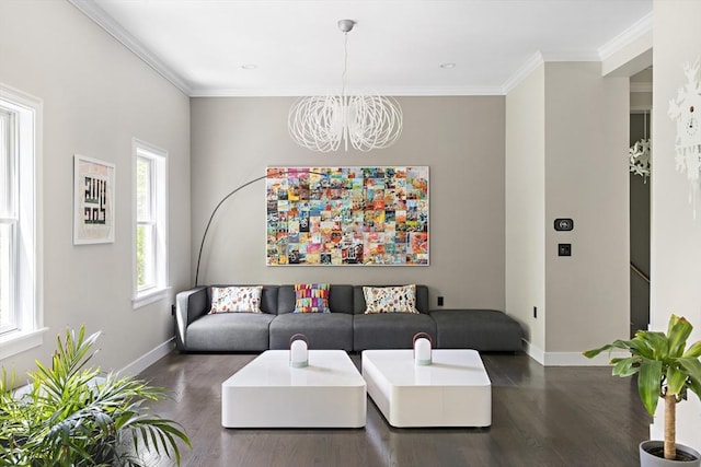 122 Green St, Northborough, MA 01532 - living room featuring a chandelier, baseboards, wood finished floors, and crown molding