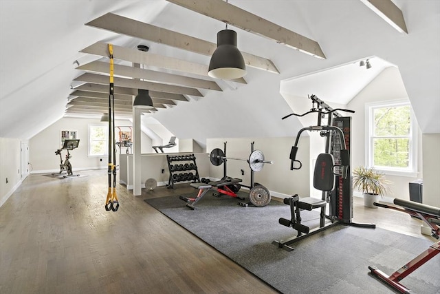 122 Green St, Northborough, MA 01532 - exercise room featuring vaulted ceiling, wood finished floors, and baseboards