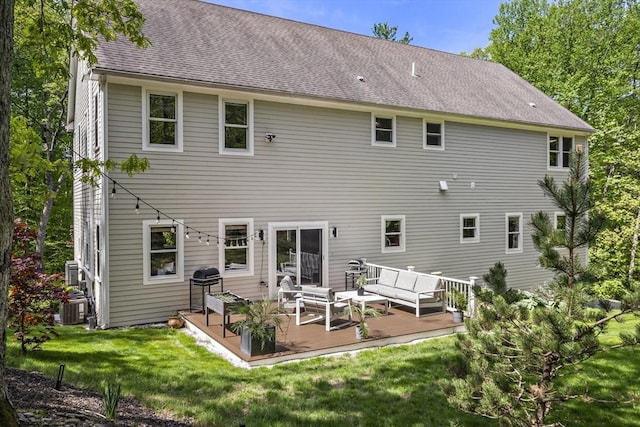 122 Green St, Northborough, MA 01532 - rear view of house featuring an outdoor living space, a wooden deck, a lawn, central air condition unit, and roof with shingles
