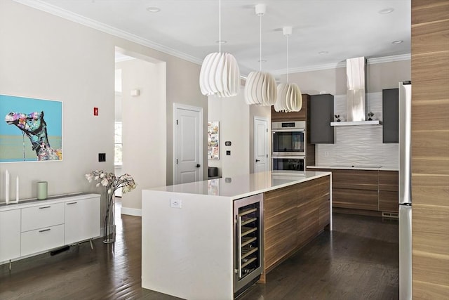 122 Green St, Northborough, MA 01532 - kitchen with beverage cooler, modern cabinets, stainless steel appliances, light countertops, and decorative backsplash