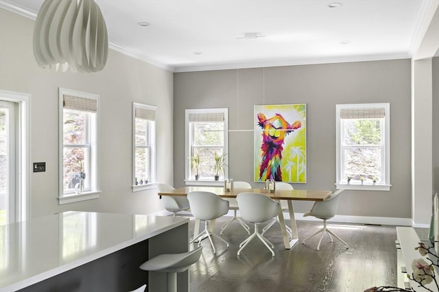 122 Green St, Northborough, MA 01532 - dining space featuring wood finished floors, crown molding, baseboards, and recessed lighting