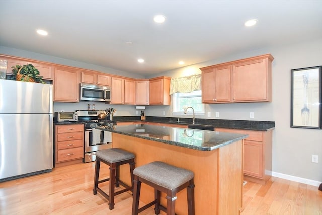 kitchen with recessed lighting, stainless steel appliances, and light wood-style floors