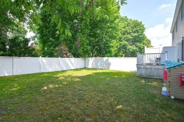 view of yard with a deck and a fenced backyard