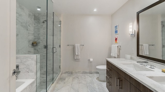 full bathroom with shower with separate bathtub, vanity with extensive cabinet space, toilet, and tile floors