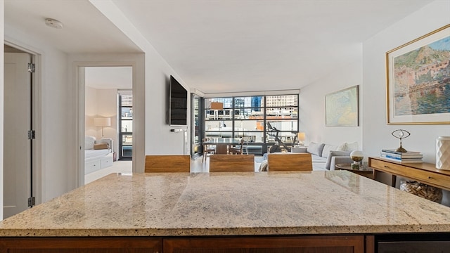 kitchen with light stone countertops, plenty of natural light, and a wall of windows