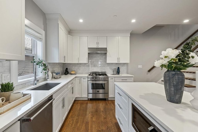 kitchen featuring white cabinetry, appliances with stainless steel finishes, sink, and backsplash