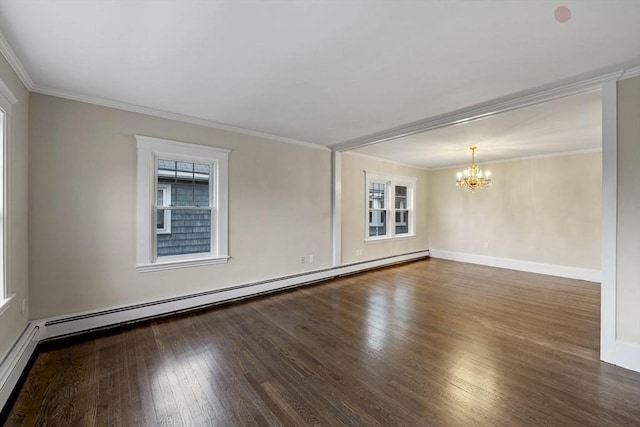 spare room featuring dark wood-type flooring, a baseboard radiator, crown molding, and a notable chandelier