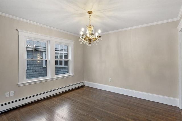 empty room with a baseboard radiator, an inviting chandelier, dark wood-type flooring, and crown molding