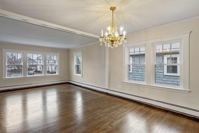 empty room with crown molding, a baseboard radiator, a chandelier, and dark hardwood / wood-style floors