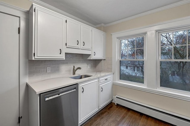 kitchen with dishwasher, a baseboard radiator, and white cabinetry