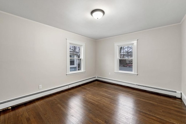 unfurnished room with ornamental molding, dark hardwood / wood-style floors, and a baseboard heating unit