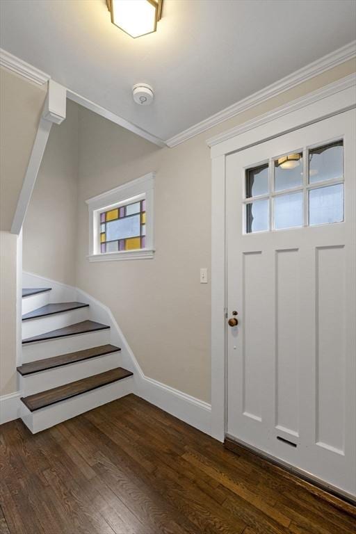 foyer entrance featuring dark hardwood / wood-style floors and crown molding