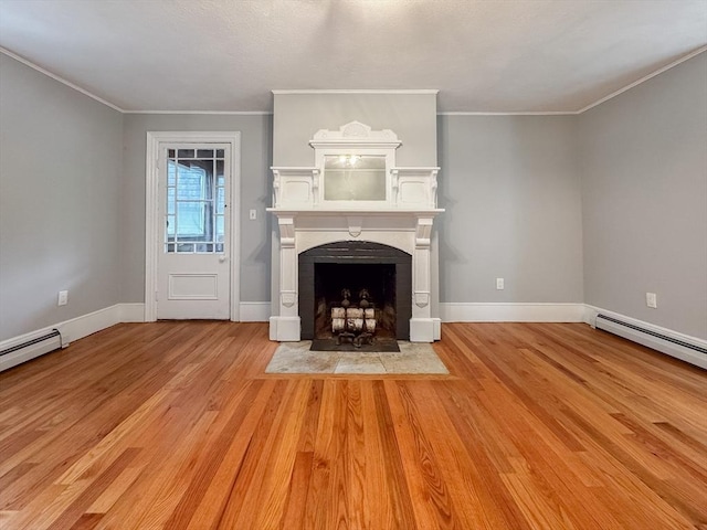 624 Western Ave, Gloucester, MA 01930 - unfurnished living room with light wood finished floors, a fireplace with flush hearth, ornamental molding, and a baseboard radiator