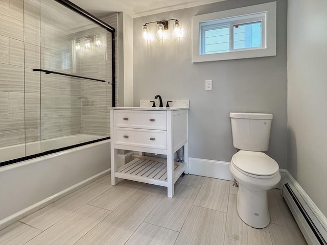 624 Western Ave, Gloucester, MA 01930 - bathroom with baseboard heating, enclosed tub / shower combo, and vanity