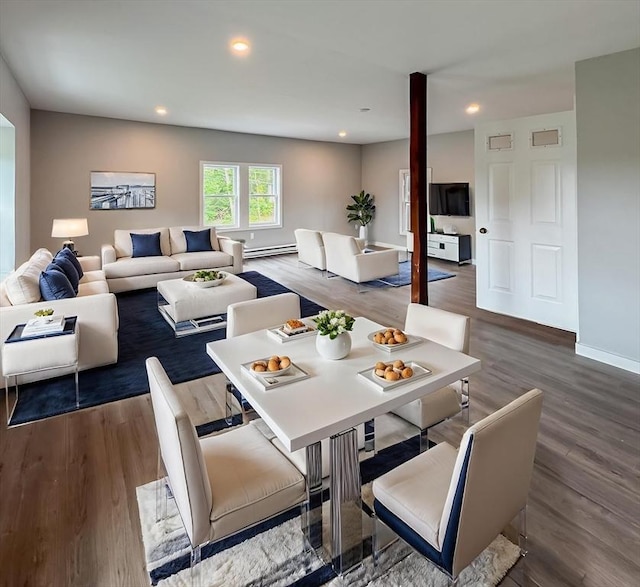 624 Western Ave, Gloucester, MA 01930 - dining area featuring wood finished floors, recessed lighting, and a baseboard radiator