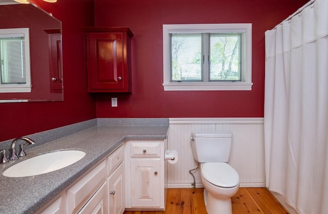 bathroom with toilet, vanity, wainscoting, and wood finished floors