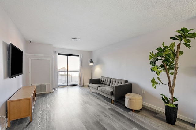 living room featuring light hardwood / wood-style flooring and a textured ceiling