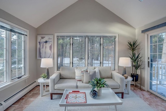 sunroom / solarium with lofted ceiling and baseboard heating