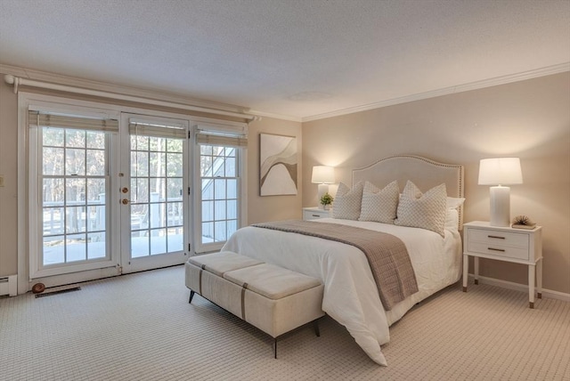 bedroom with access to outside, baseboards, crown molding, and light colored carpet