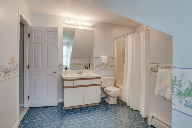 bathroom featuring a baseboard radiator, shower / bathtub combination with curtain, toilet, vanity, and a textured ceiling