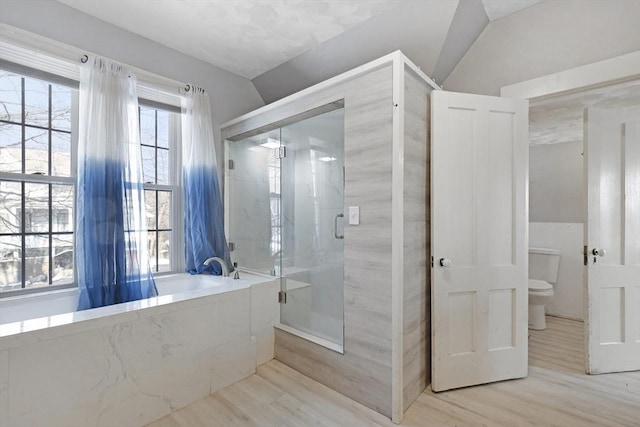 full bath with wood finished floors, toilet, a marble finish shower, and a bath