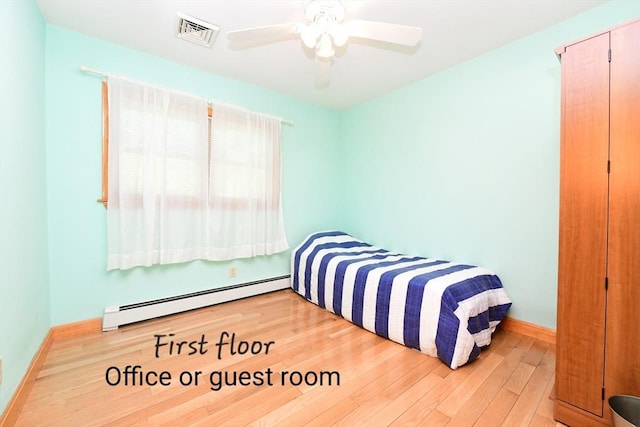 173 Standish Rd, Bourne, MA 02562 - bedroom with a baseboard radiator, hardwood / wood-style flooring, baseboards, and ceiling fan