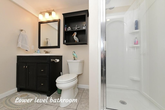 173 Standish Rd, Bourne, MA 02562 - full bath with vanity, a shower, tile patterned floors, toilet, and baseboards