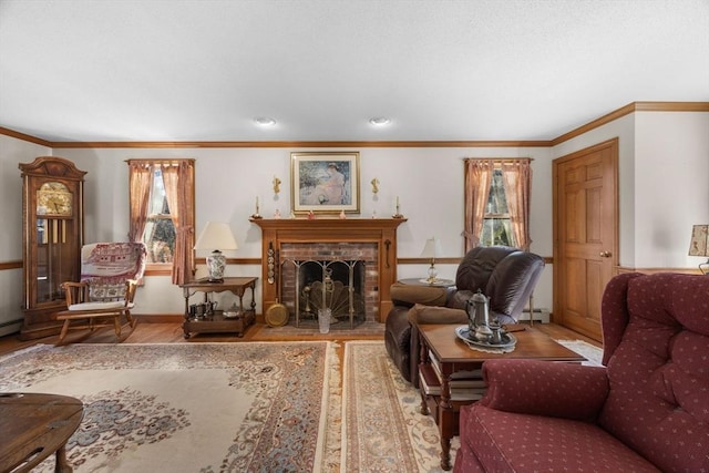 sitting room with hardwood / wood-style flooring, a fireplace, a baseboard heating unit, and ornamental molding