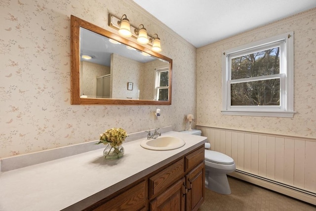 bathroom featuring a baseboard radiator, tile patterned flooring, an enclosed shower, toilet, and vanity