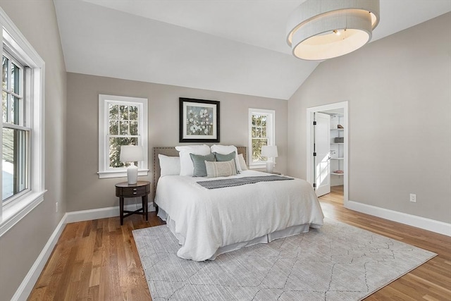 bedroom with lofted ceiling, ensuite bath, wood-type flooring, and multiple windows