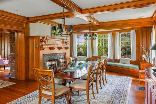 dining space with wood finished floors, an inviting chandelier, wooden walls, beamed ceiling, and coffered ceiling